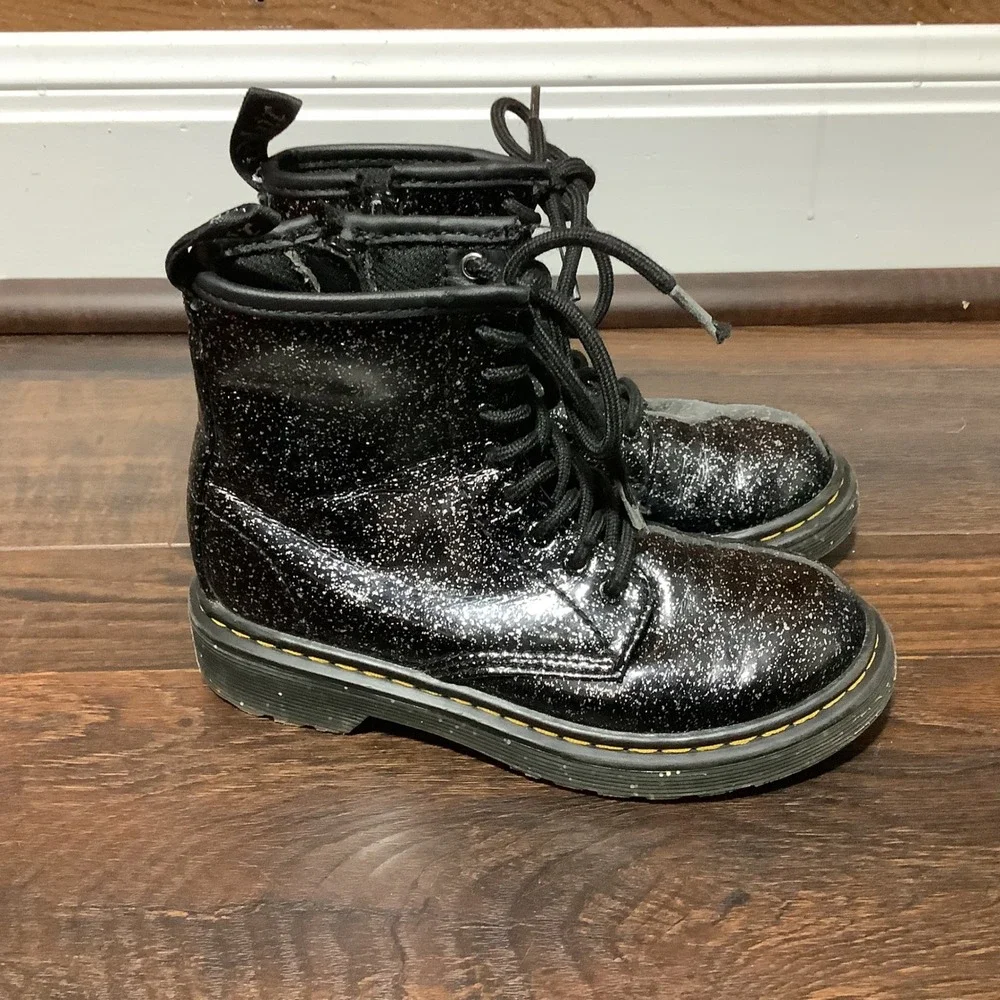 Dr. Martens 1460 J Black Glitter Lace Up Side Zip Boots Kids US 13